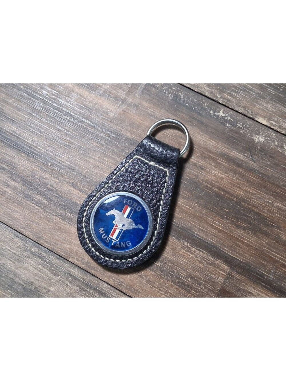 Vintage Ford Mustang Key Fob Keychain Silver Tone Blue Logo on Black